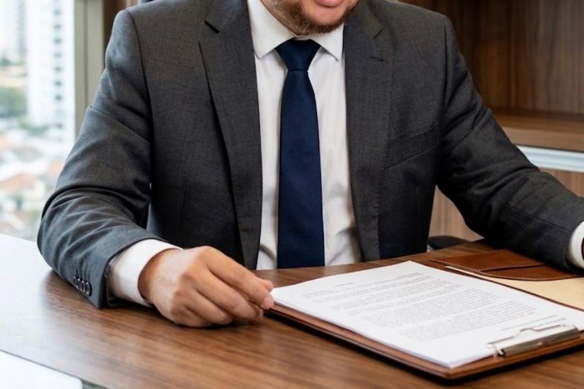 Advogado à mesa revisando documentos de planejamento patrimonial